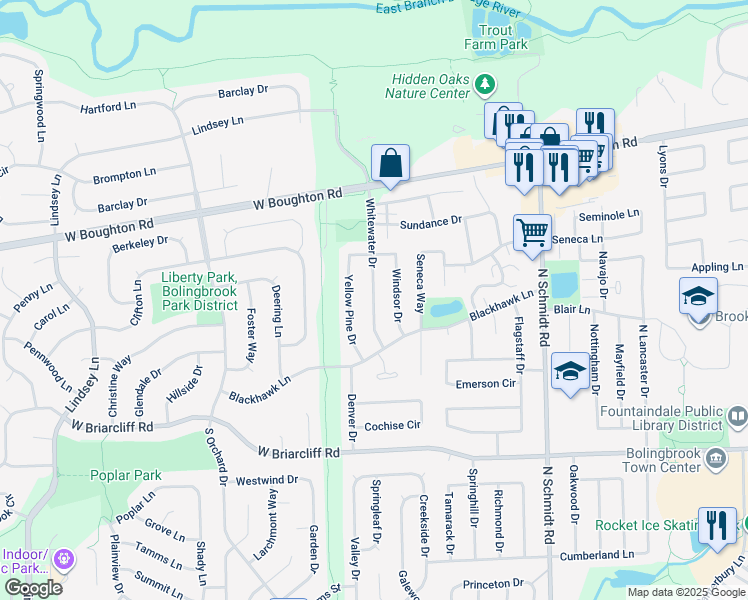 map of restaurants, bars, coffee shops, grocery stores, and more near 233 Whitewater Drive in Bolingbrook