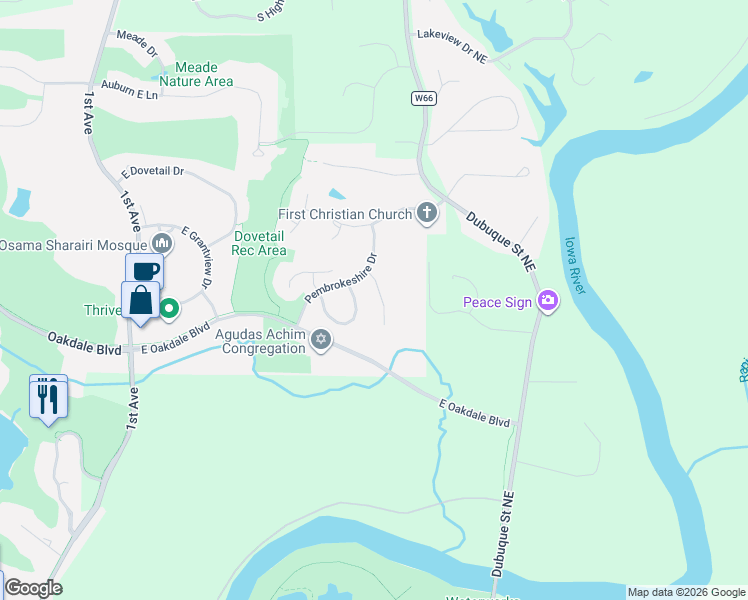 map of restaurants, bars, coffee shops, grocery stores, and more near 2182 Port Talbot Place in Coralville