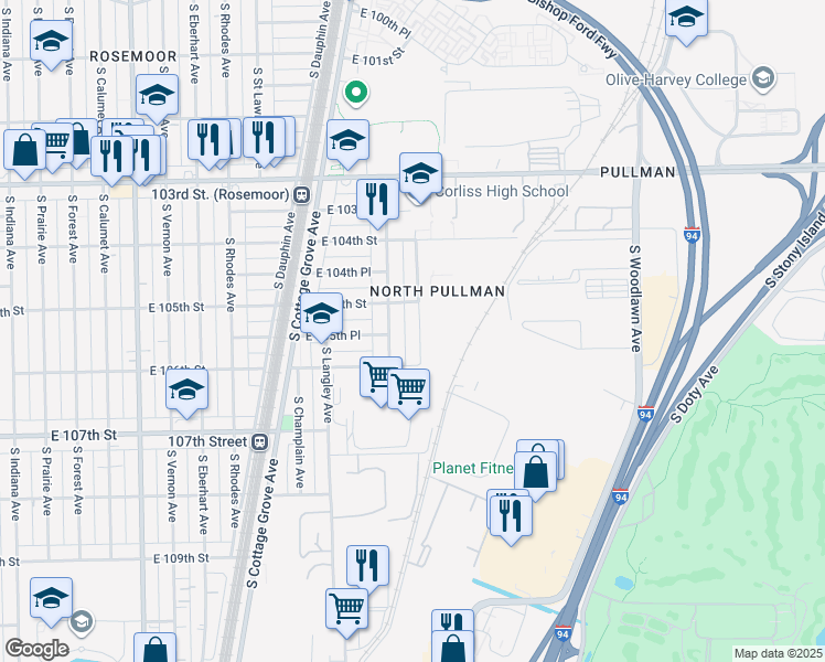 map of restaurants, bars, coffee shops, grocery stores, and more near 10524 South Maryland Avenue in Chicago