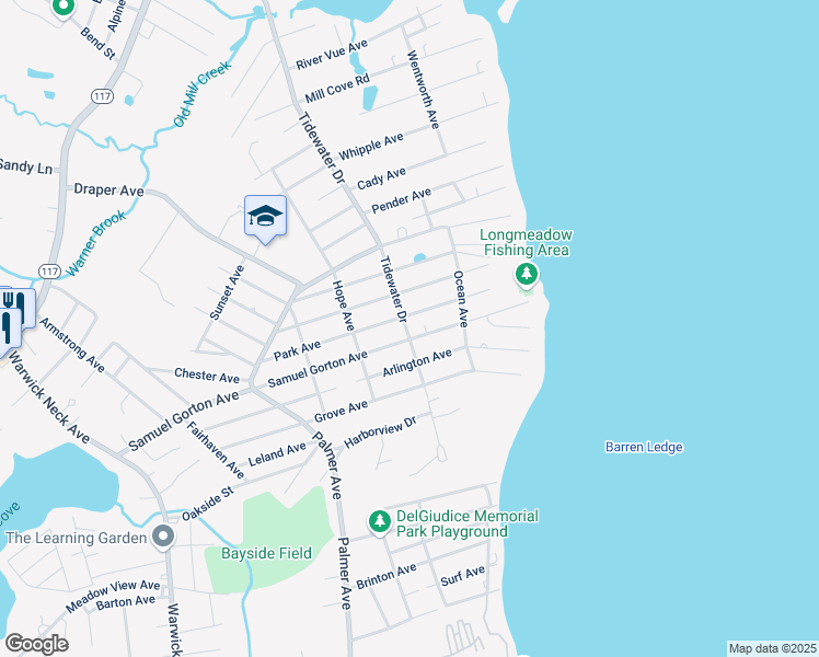 map of restaurants, bars, coffee shops, grocery stores, and more near 468 Tidewater Drive in Warwick
