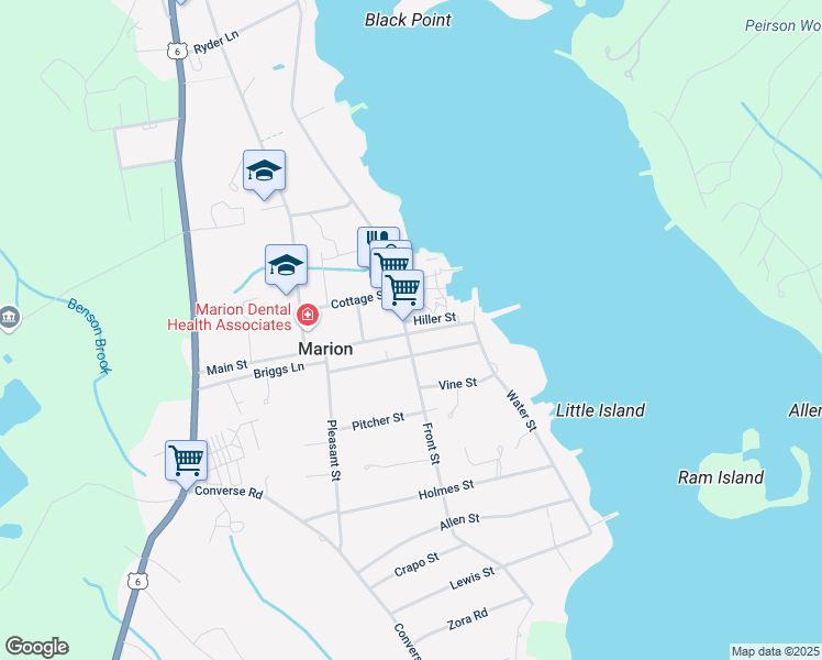 map of restaurants, bars, coffee shops, grocery stores, and more near 27 Main Street in Marion