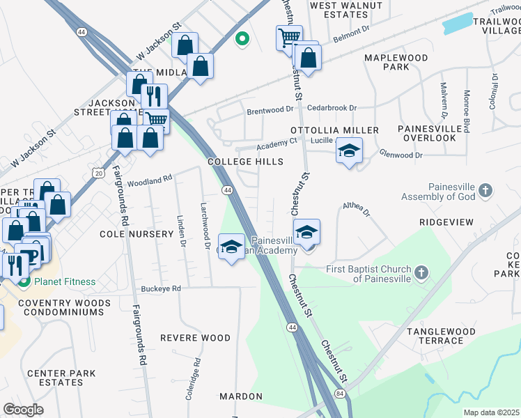 map of restaurants, bars, coffee shops, grocery stores, and more near 363 University Avenue in Painesville