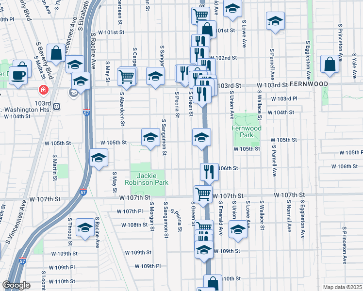 map of restaurants, bars, coffee shops, grocery stores, and more near 10505 South Peoria Street in Chicago
