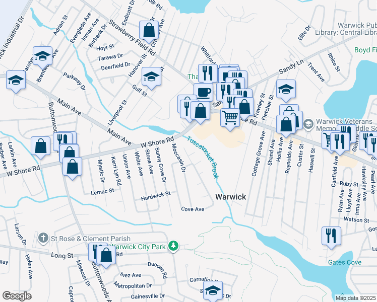 map of restaurants, bars, coffee shops, grocery stores, and more near 40 Cove Avenue in Warwick