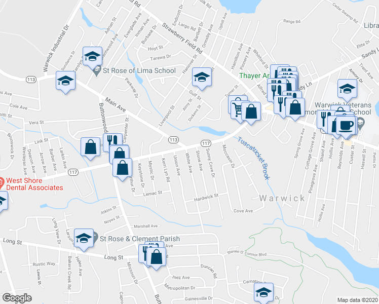 map of restaurants, bars, coffee shops, grocery stores, and more near 10 White Avenue in Warwick