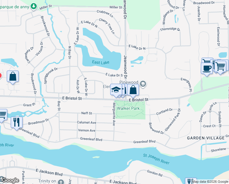 map of restaurants, bars, coffee shops, grocery stores, and more near 1512 Cottonwood Dr in Elkhart