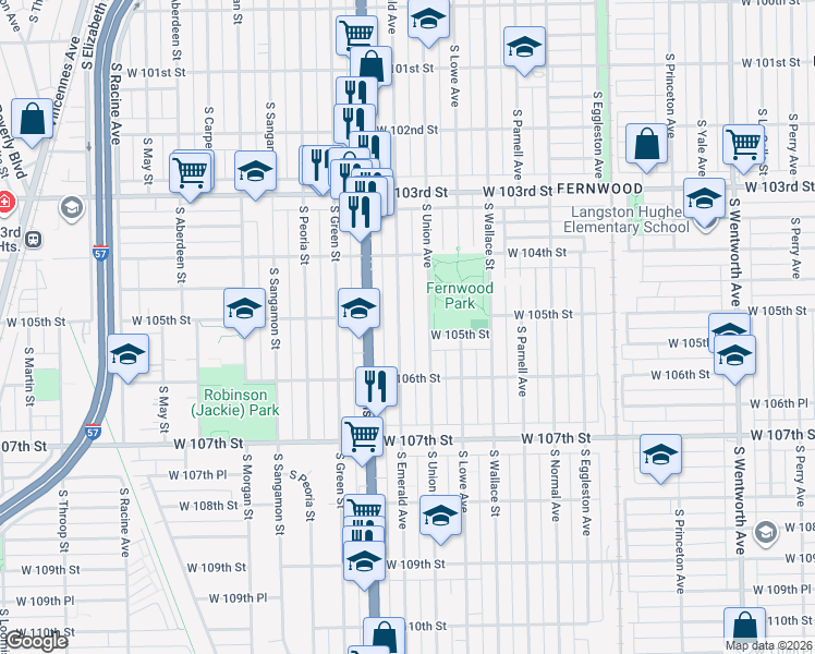 map of restaurants, bars, coffee shops, grocery stores, and more near 10506 South Union Avenue in Chicago