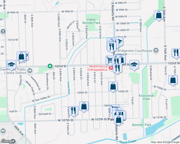 map of restaurants, bars, coffee shops, grocery stores, and more near 10319 South 82nd Avenue in Palos Hills