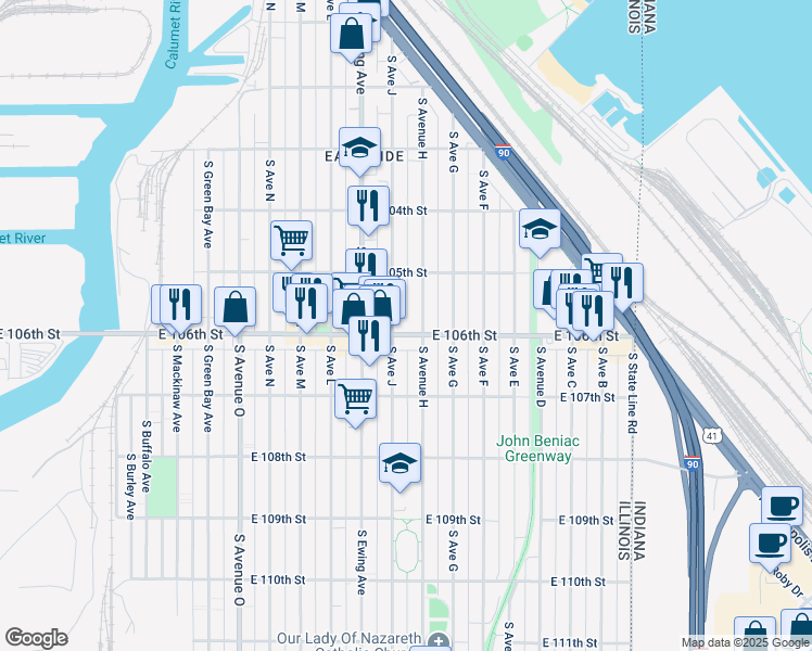 map of restaurants, bars, coffee shops, grocery stores, and more near 3710 East 106th Street in Chicago