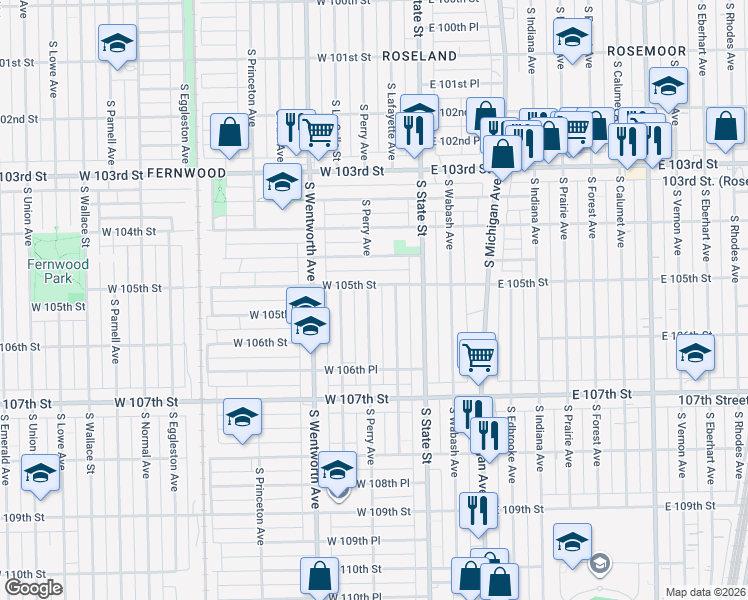 map of restaurants, bars, coffee shops, grocery stores, and more near 10515 South Perry Avenue in Chicago
