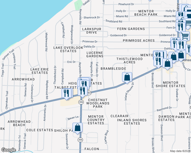map of restaurants, bars, coffee shops, grocery stores, and more near 6186 Tall Oaks Drive in Mentor