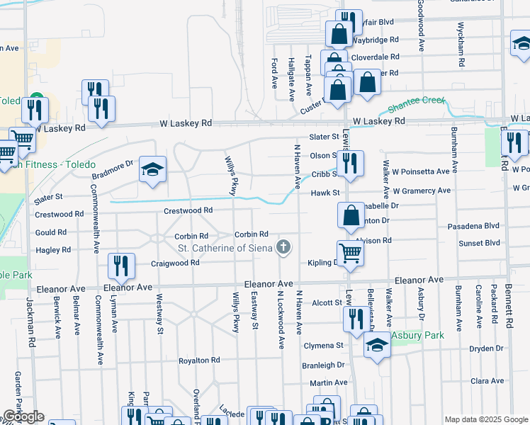 map of restaurants, bars, coffee shops, grocery stores, and more near 1226 Crestwood Rd in Toledo