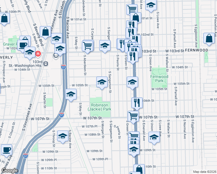 map of restaurants, bars, coffee shops, grocery stores, and more near 10504 South Sangamon Street in Chicago