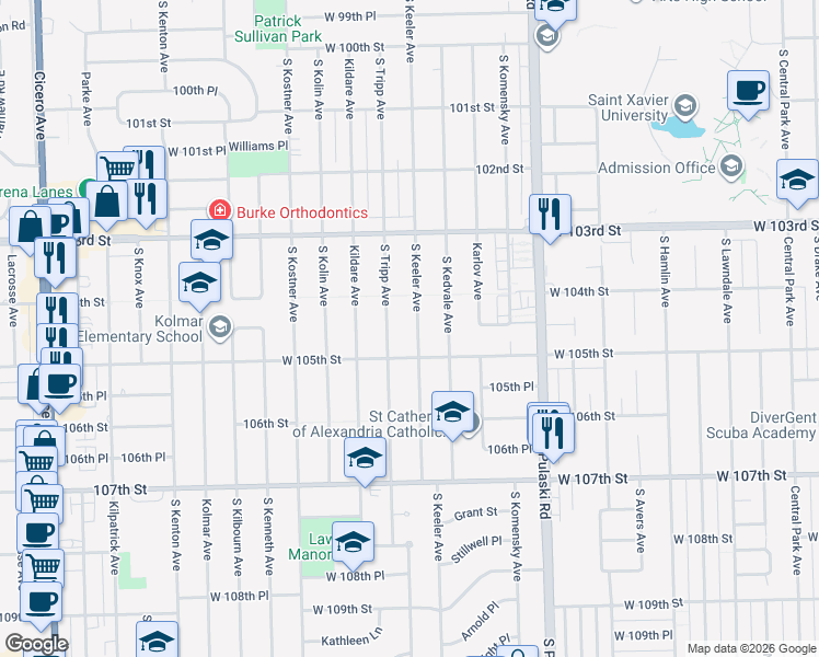 map of restaurants, bars, coffee shops, grocery stores, and more near 10424 South Keeler Avenue in Oak Lawn