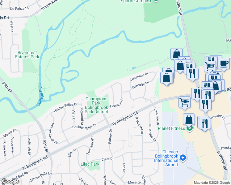 map of restaurants, bars, coffee shops, grocery stores, and more near 298 Crabapple Street in Bolingbrook