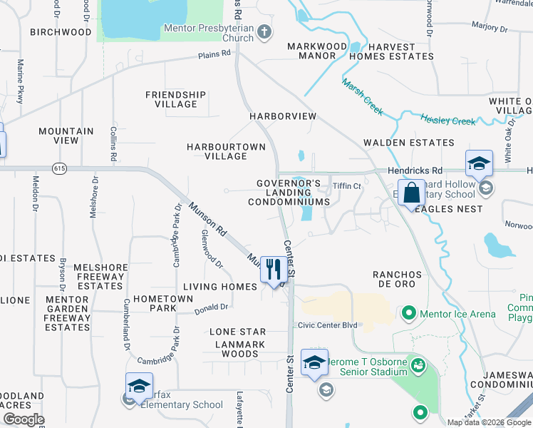 map of restaurants, bars, coffee shops, grocery stores, and more near 6204 Center Street in Mentor