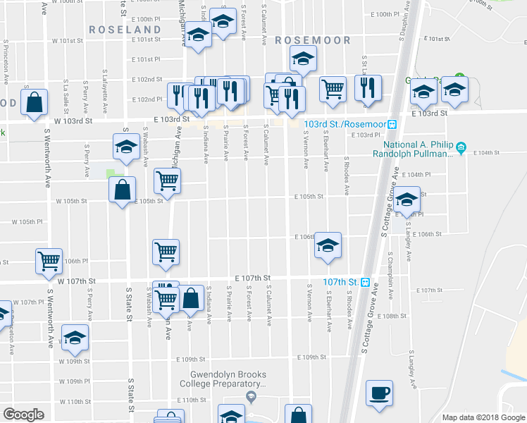 map of restaurants, bars, coffee shops, grocery stores, and more near 10518 South Calumet Avenue in Chicago