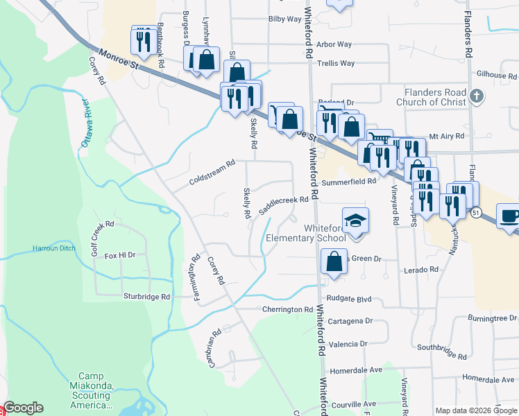 map of restaurants, bars, coffee shops, grocery stores, and more near 5224 Saddlecreek Road in Toledo