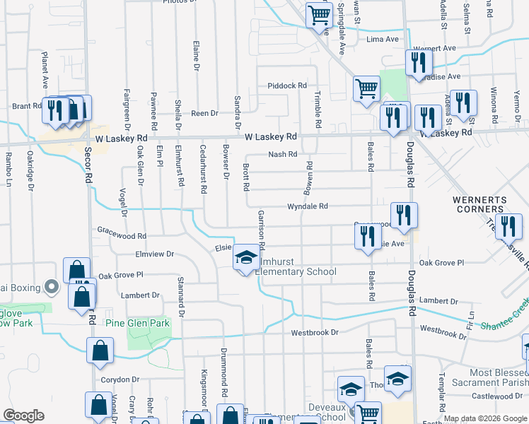 map of restaurants, bars, coffee shops, grocery stores, and more near 4740 Garrison Rd in Toledo