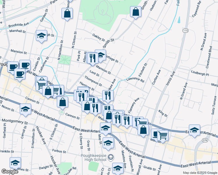 map of restaurants, bars, coffee shops, grocery stores, and more near 177 Thompson Street in Poughkeepsie