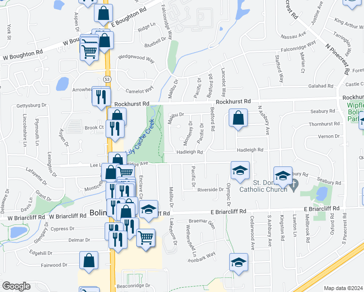 map of restaurants, bars, coffee shops, grocery stores, and more near 203 Monterey Drive in Bolingbrook