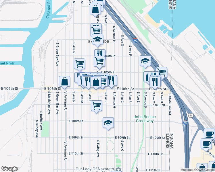 map of restaurants, bars, coffee shops, grocery stores, and more near 3700 East 106th Street in Chicago