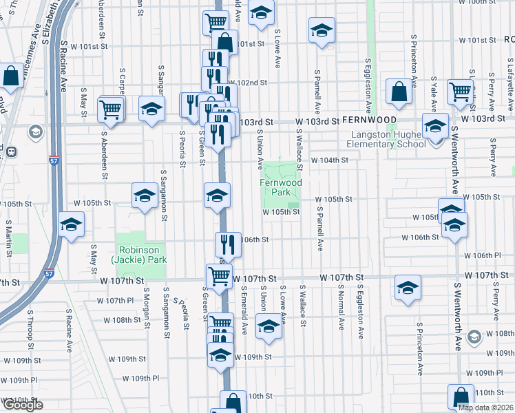 map of restaurants, bars, coffee shops, grocery stores, and more near 10506 South Union Avenue in Chicago