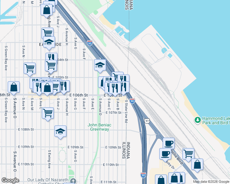 map of restaurants, bars, coffee shops, grocery stores, and more near 3932 East 106th Street in Chicago