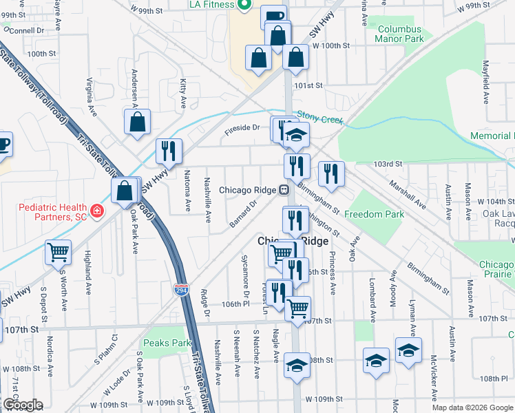 map of restaurants, bars, coffee shops, grocery stores, and more near 10345 Barnard Drive in Chicago Ridge