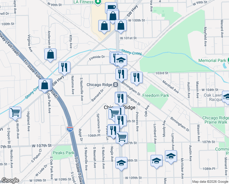 map of restaurants, bars, coffee shops, grocery stores, and more near 10370 South Ridgeland Avenue in Chicago Ridge