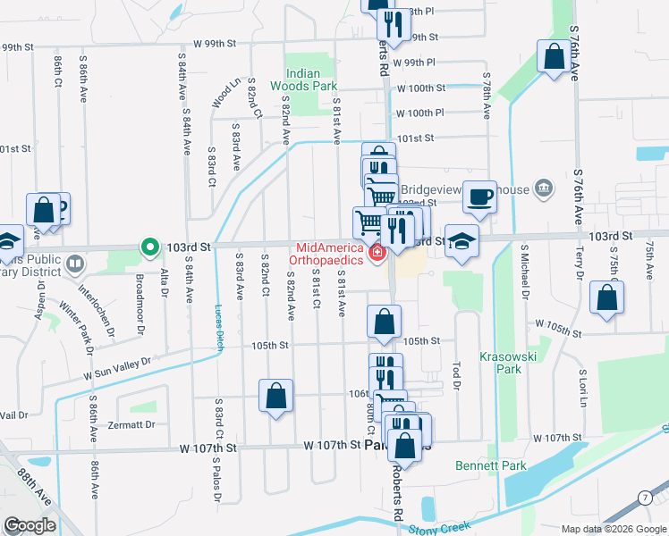 map of restaurants, bars, coffee shops, grocery stores, and more near 10321 South 81st Court in Palos Hills