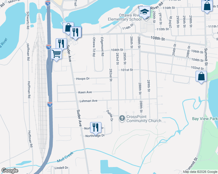 map of restaurants, bars, coffee shops, grocery stores, and more near 4437 282nd Street in Toledo