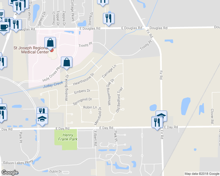map of restaurants, bars, coffee shops, grocery stores, and more near 54450 Whispering Oak Drive in Mishawaka