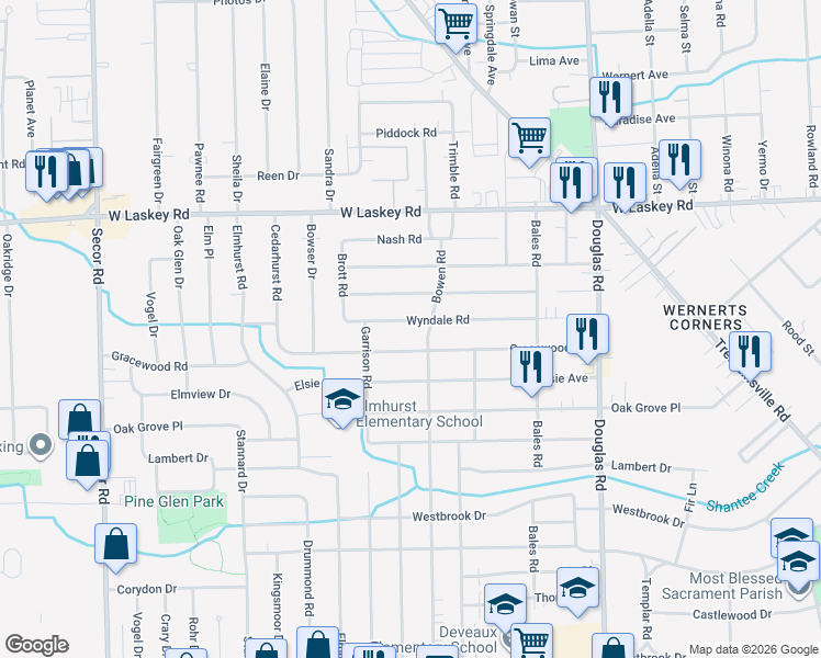 map of restaurants, bars, coffee shops, grocery stores, and more near 2821 Wyndale Rd in Toledo