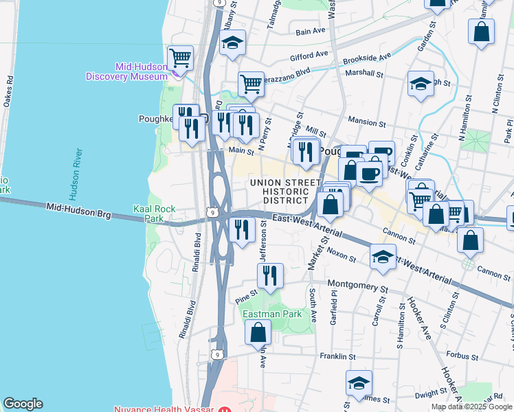 map of restaurants, bars, coffee shops, grocery stores, and more near 135 Union Street in Poughkeepsie