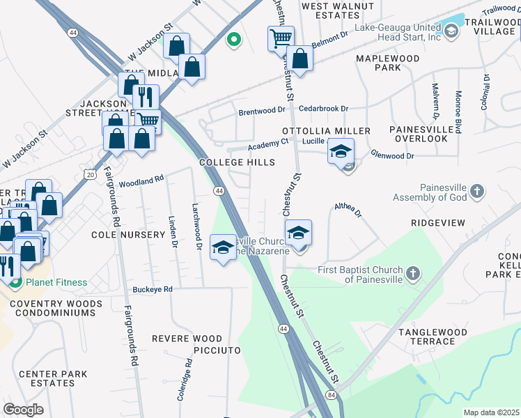 map of restaurants, bars, coffee shops, grocery stores, and more near 363 University Avenue in Painesville