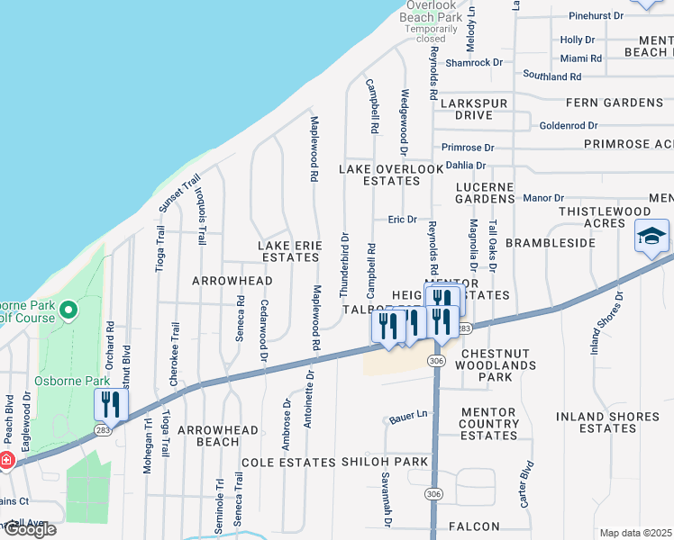 map of restaurants, bars, coffee shops, grocery stores, and more near 6180 Thunderbird Drive in Mentor