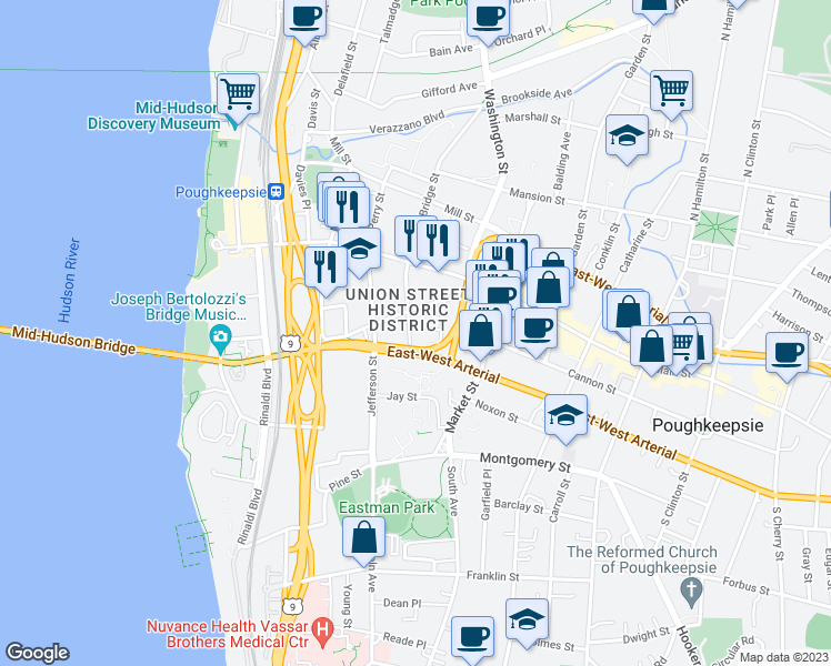 map of restaurants, bars, coffee shops, grocery stores, and more near 45 South Bridge Street in Poughkeepsie