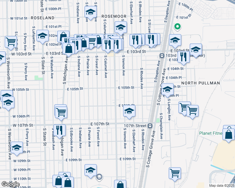 map of restaurants, bars, coffee shops, grocery stores, and more near 10519 South King Drive in Chicago