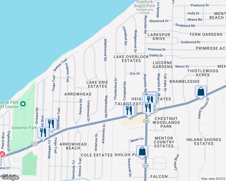 map of restaurants, bars, coffee shops, grocery stores, and more near 6180 Thunderbird Dr in Mentor