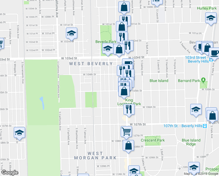 map of restaurants, bars, coffee shops, grocery stores, and more near 10451 S Campbell Ave in Chicago