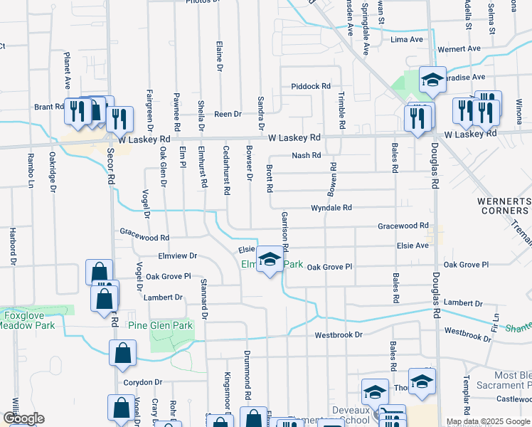 map of restaurants, bars, coffee shops, grocery stores, and more near 2921 Wyndale Road in Toledo