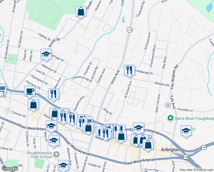 map of restaurants, bars, coffee shops, grocery stores, and more near 1 Arnold Road in Poughkeepsie