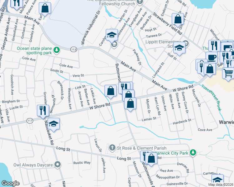 map of restaurants, bars, coffee shops, grocery stores, and more near 45 Wilmar Street in Warwick