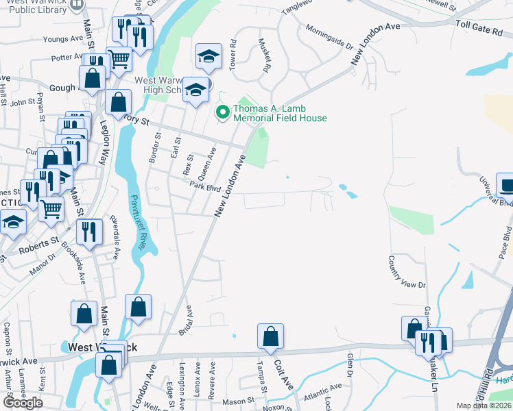 map of restaurants, bars, coffee shops, grocery stores, and more near 44 Sophia Drive in Warwick