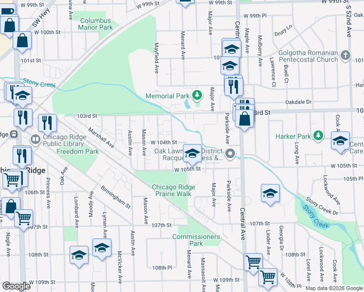 map of restaurants, bars, coffee shops, grocery stores, and more near 10400 Menard Ave in Oak Lawn