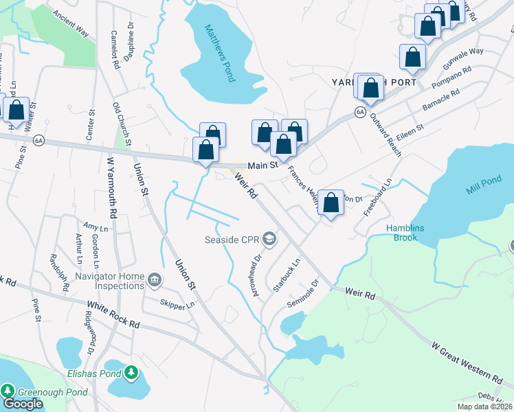 map of restaurants, bars, coffee shops, grocery stores, and more near 37 Weir Road in Yarmouth