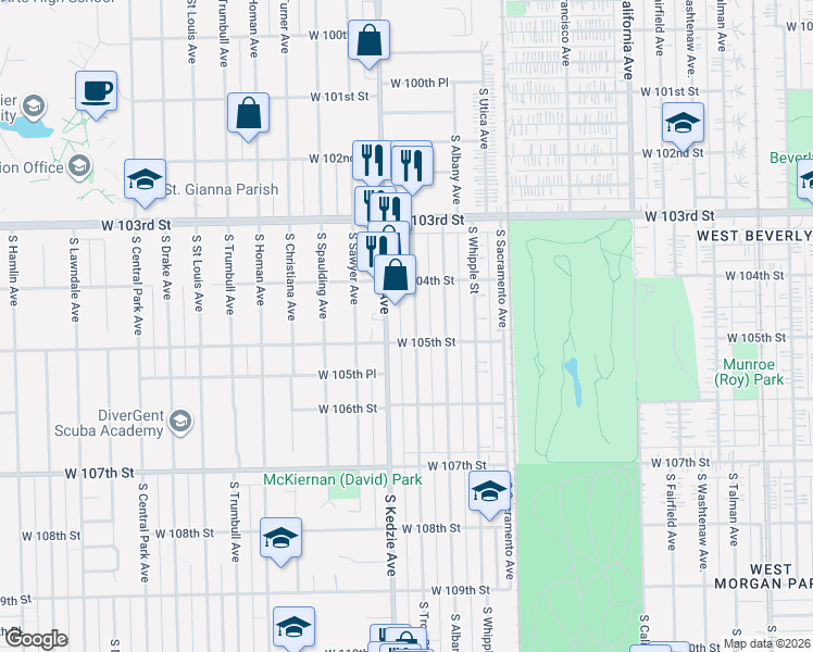 map of restaurants, bars, coffee shops, grocery stores, and more near 10444 South Troy Street in Chicago