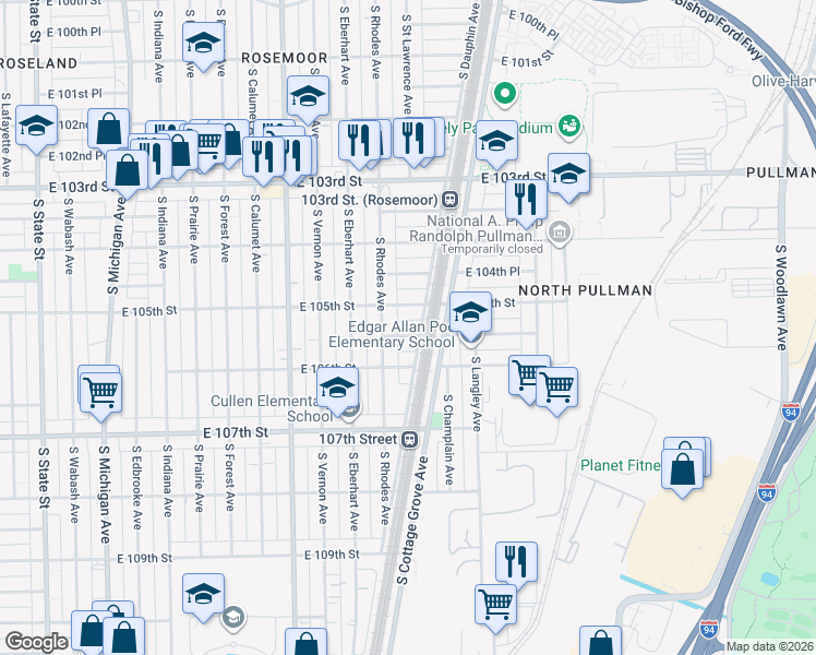 map of restaurants, bars, coffee shops, grocery stores, and more near 556 East 105th Place in Chicago