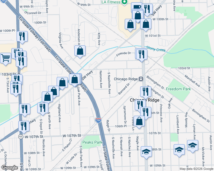 map of restaurants, bars, coffee shops, grocery stores, and more near 10345 South Nashville Avenue in Chicago Ridge